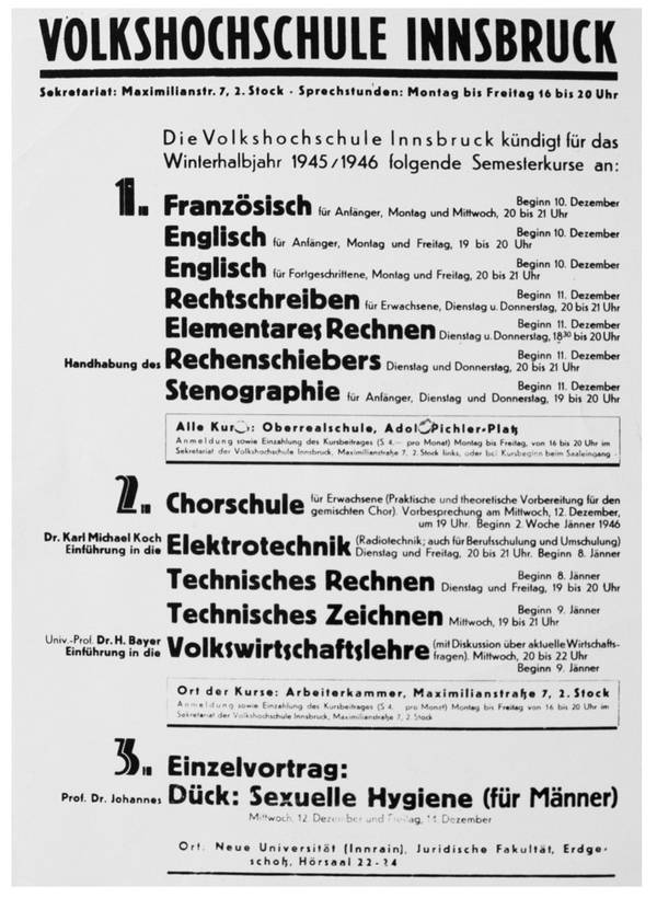 Das erste Programm der VHS Innsbruck im Jahr 1945